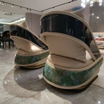 Beige Leather Sofa Set with Natural Marble Inlay, Gold Foil Embossing & Drawstring Craftsmanship